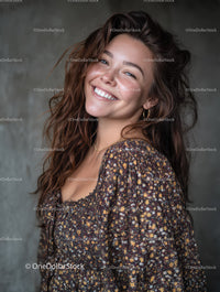 Joyful Woman Smiling in Floral Dress with Curly Hair