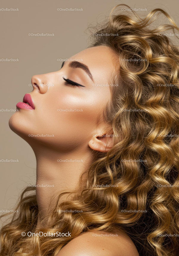 Profile of woman with curly blonde hair and flawless skin