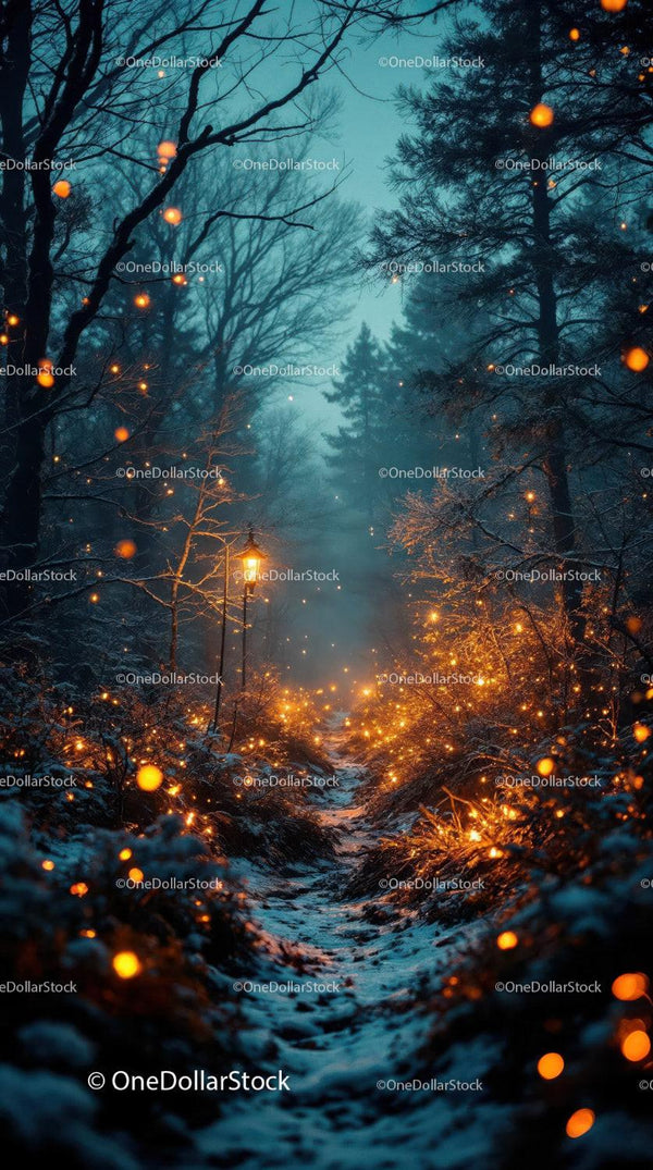 Enchanted Forest Path Illuminated by Glowing Lanterns