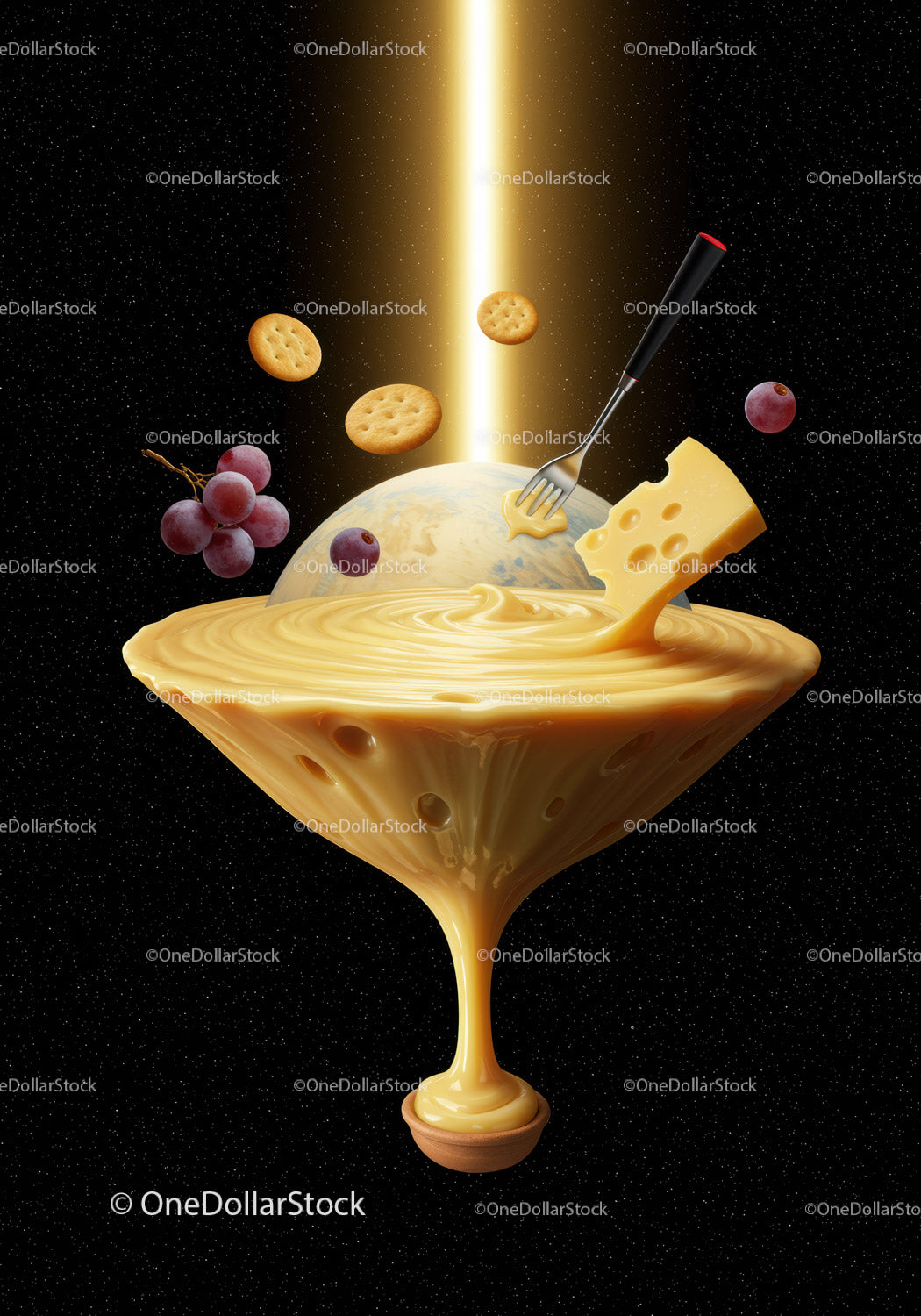 Surrealistyczna fontanna z fondue serowego z krakersami i winogronami