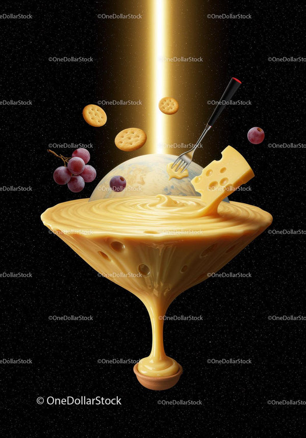 Surreal Cheese Fondue Fountain with Crackers and Grapes