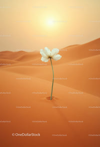 Delicate white flower growing in vast orange desert dunes