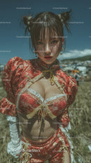 Stylish Young Woman in Red Floral Outfit with Unique Hairstyle