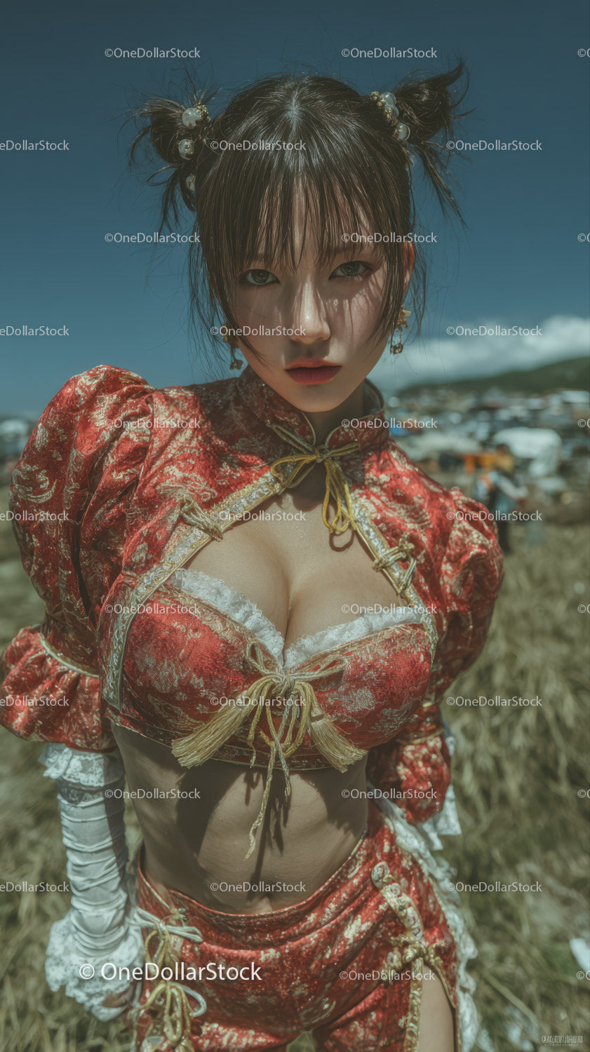 Stylish Young Woman in Red Floral Outfit with Unique Hairstyle