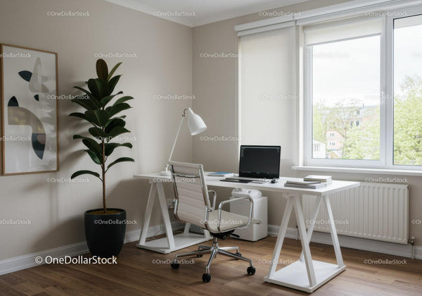 Bright Modern Home Office with Large Window and Indoor Plant