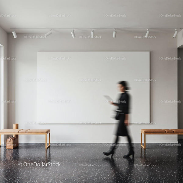 Woman walking past blank canvas in modern gallery JPG Mockup Image