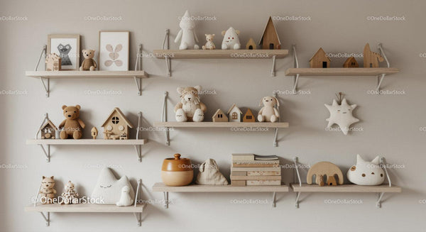 Children's Nursery Wall Shelf Decor with Wooden Toys and Plush Animals