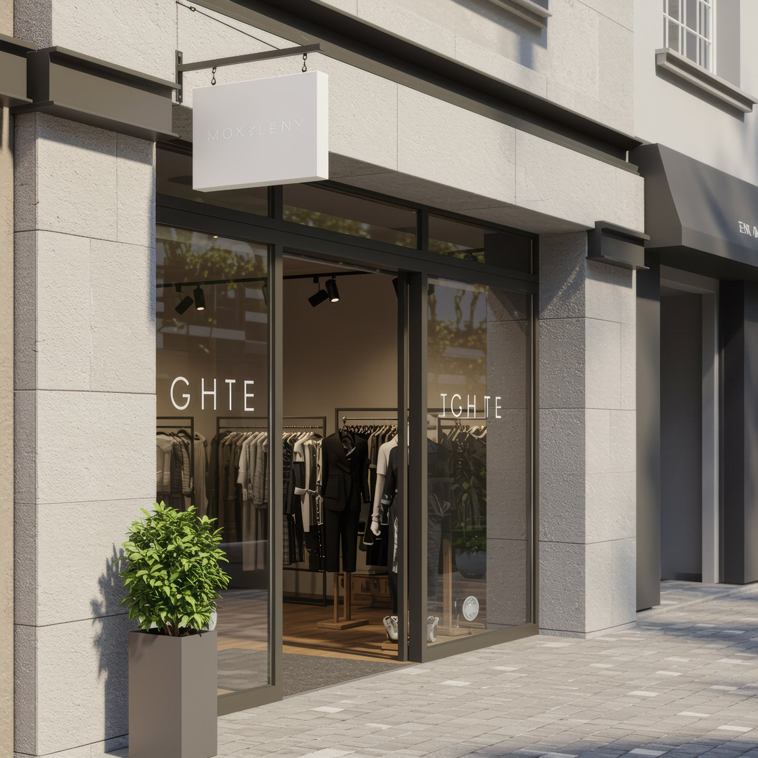 Nowoczesny butik odzieżowy z minimalistycznym wystrojem witryny sklepowej