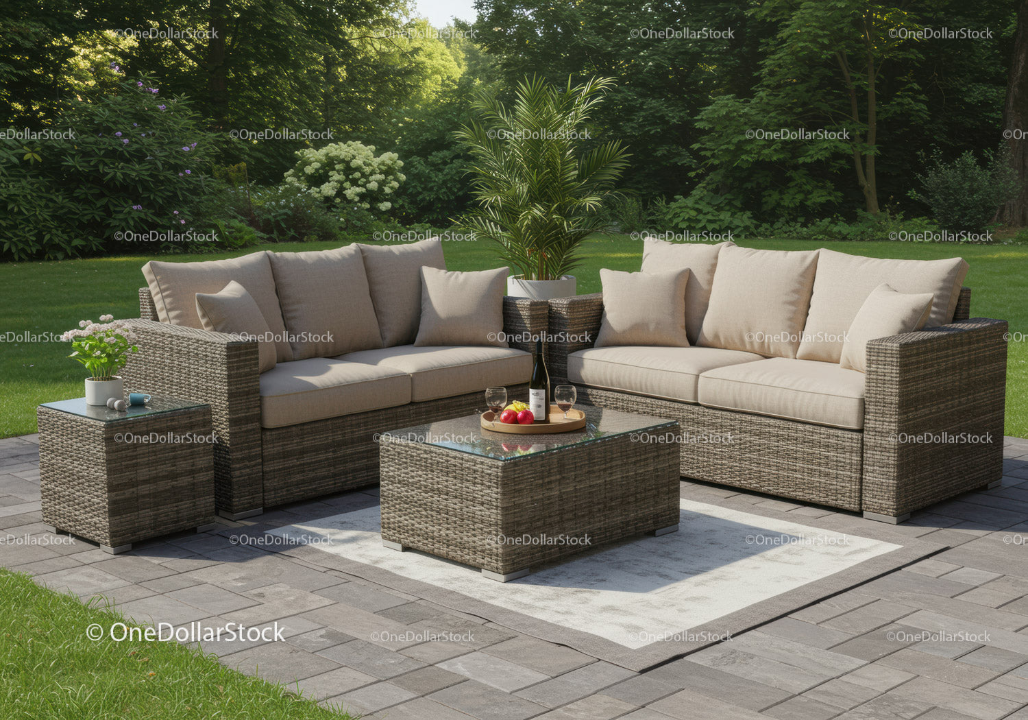 Elegant Wicker Outdoor Sofa Set with Cushions and Coffee Table in Garden