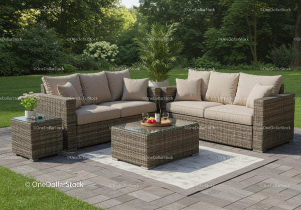 Elegant Wicker Outdoor Sofa Set with Cushions and Coffee Table in Garden