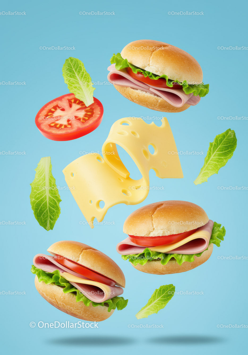 Fresh ham sandwich ingredients floating on blue background