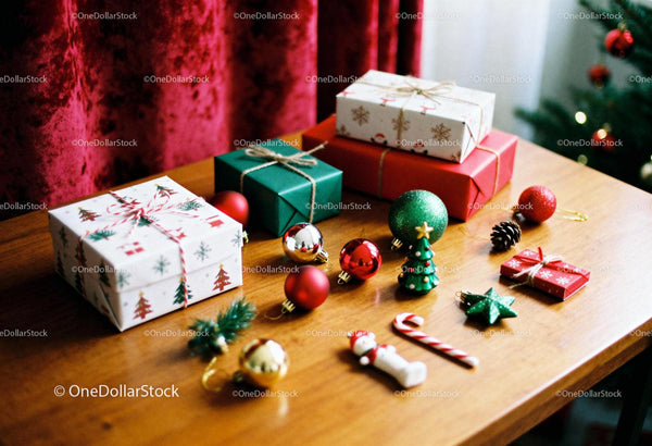 Festive Christmas Gifts and Ornaments on Wooden Table
