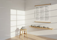 Minimalist zen corner with balanced stones and wall art