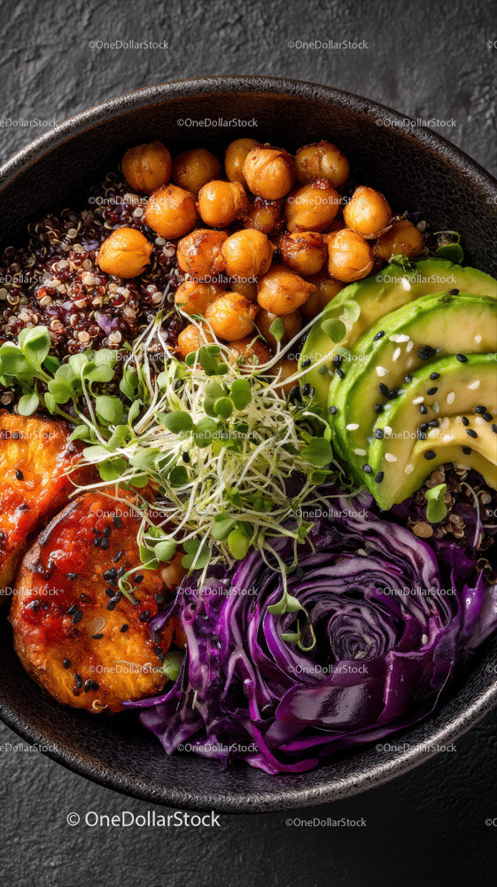 Colorful Plant-Based Bowl with Chickpeas Quinoa and Veggies