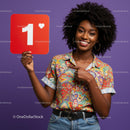 Vibrant Woman Holding First Place Sign with Bright Smile
