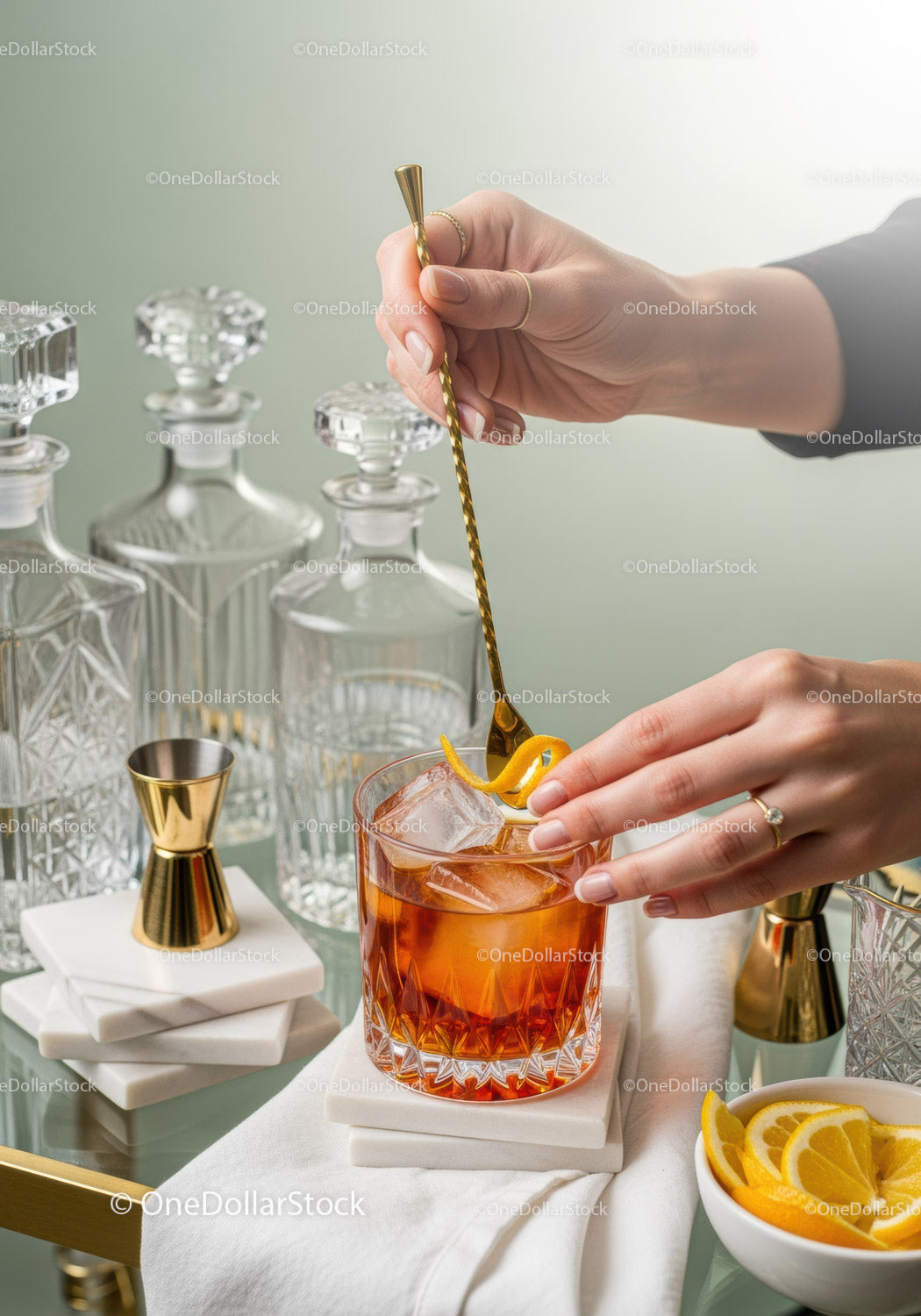 Elegant Amber Cocktail with Citrus Garnish in Stylish Glass