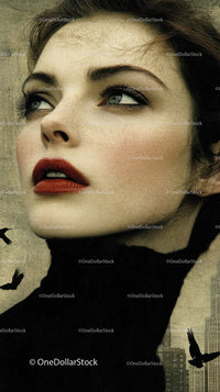 Elegant Female Portrait with Blue Eyes and Red Lips in Vintage Style