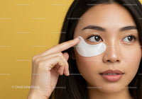 Young Woman with Facial Sheet Mask and Clear Skin Against Yellow Background
