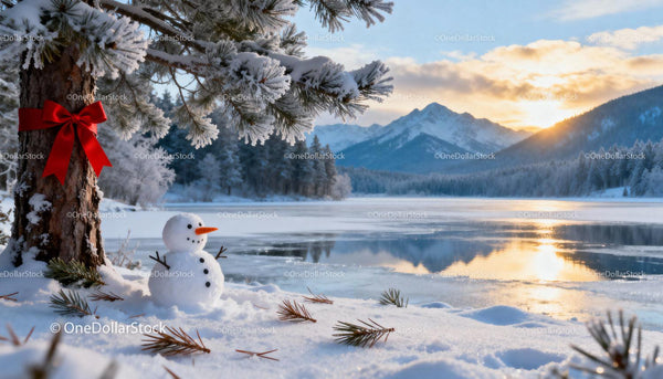 Winter Sunset Over Frozen Lake with Snowman and Pine Tree