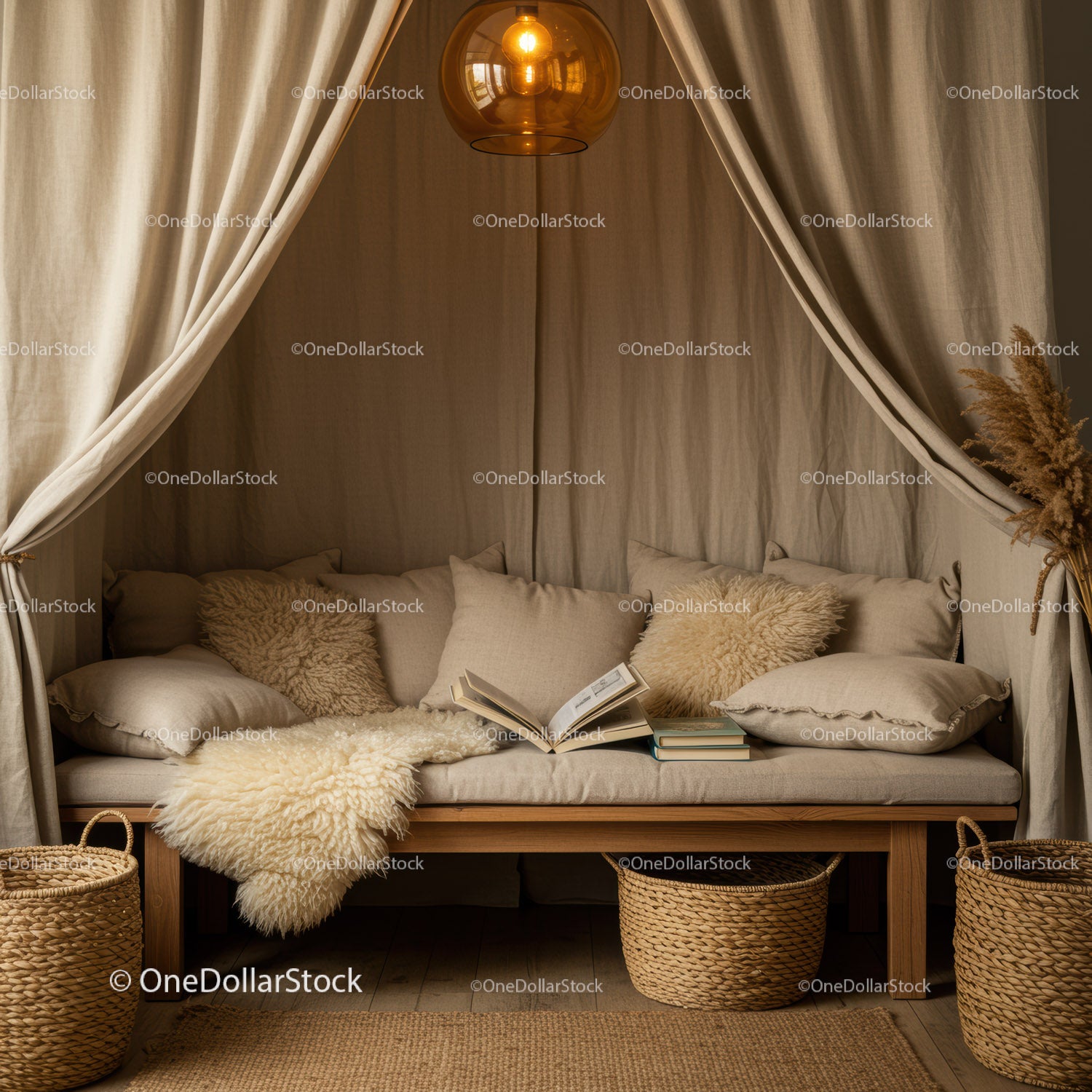Cozy reading nook with natural textures and soft cushions