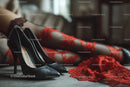 Chic Black Heels and a Red Lace Dress in a Cozy Bedroom Setting