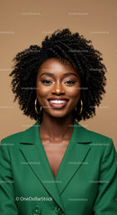 Vibrant Elegant Businesswoman in Green Blazer with Curly Hair