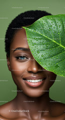 Portrait of a Happy Woman with Green Leaf and Water Droplets