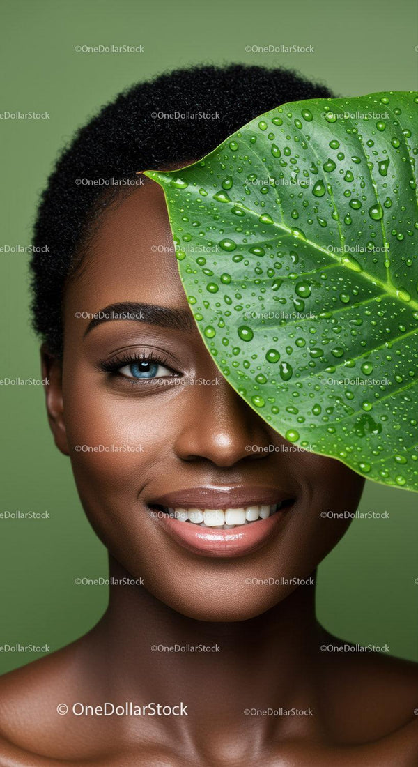 Portrait of a Happy Woman with Green Leaf and Water Droplets