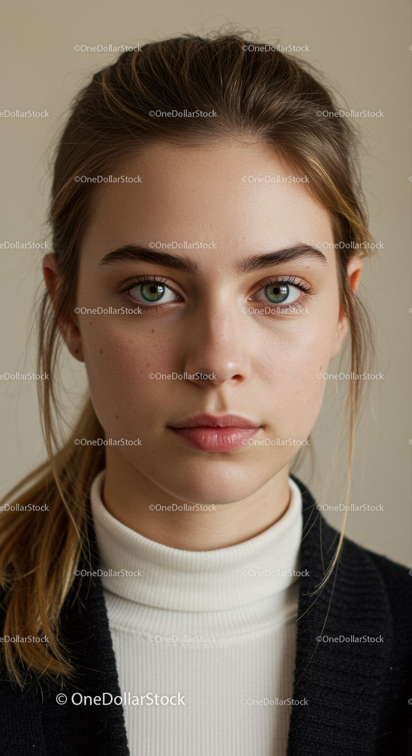 Portret młodej kobiety z niebieskimi oczami i naturalnym makijażem