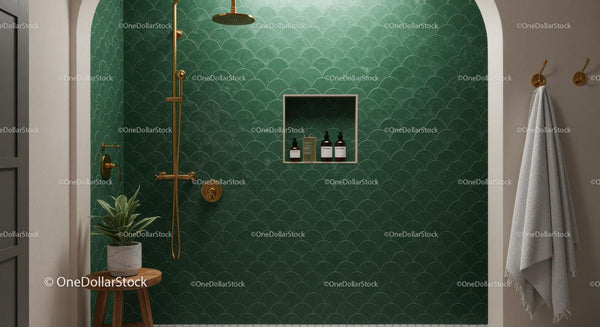 Elegant Green Tiled Shower with Gold Fixtures and Plant