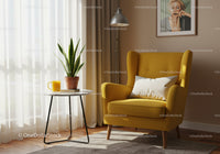 Cozy yellow armchair with plant and fresh juice by window