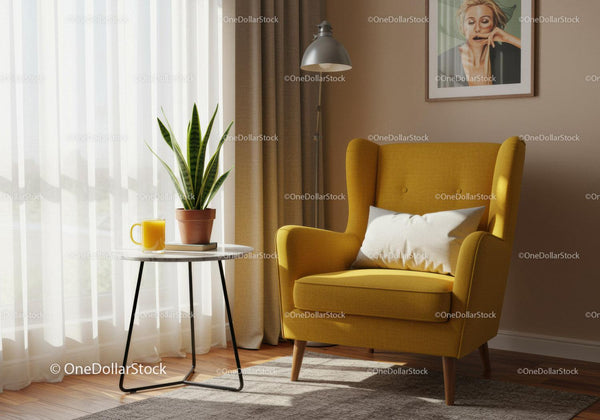 Cozy yellow armchair with plant and fresh juice by window