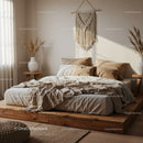 Cozy bohemian bedroom with natural textures and sunlight