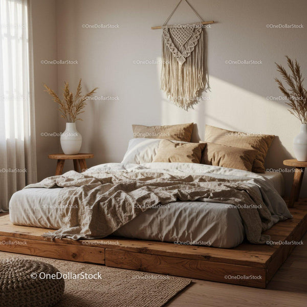 Cozy bohemian bedroom with natural textures and sunlight