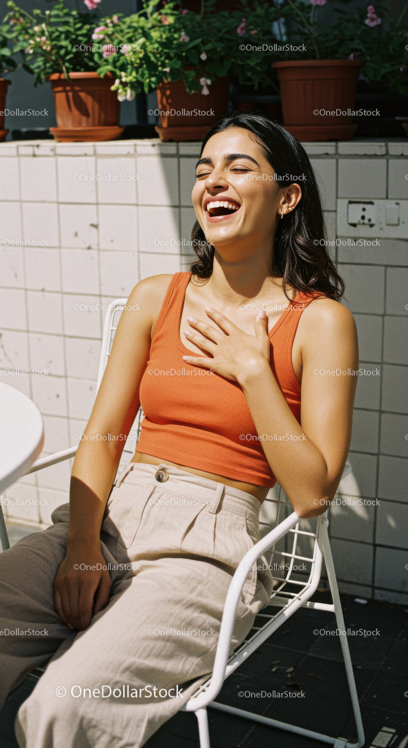 Young Woman Sitting Outdoors in Sunlight Laughing and Relaxing