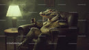 Relaxed Alligator Sitting on Couch with Drink in Dimly Lit Room