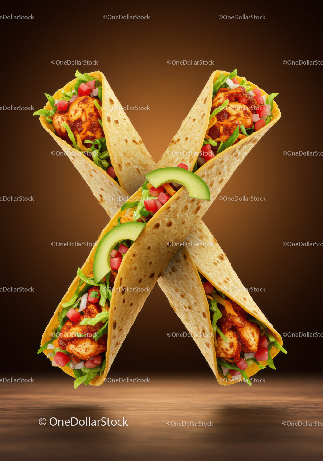 Cztery tacos z kurczakiem ułożone w kształt litery X na brązowym tle
