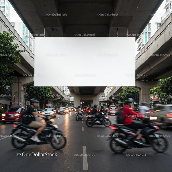 Busy Urban Street with Motorcycles and Traffic Under Overpass JPG Mockup Image