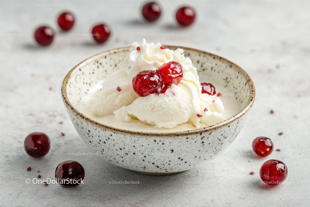 Creamy Vanilla Ice Cream with Cherry Topping in a Ceramic Bowl