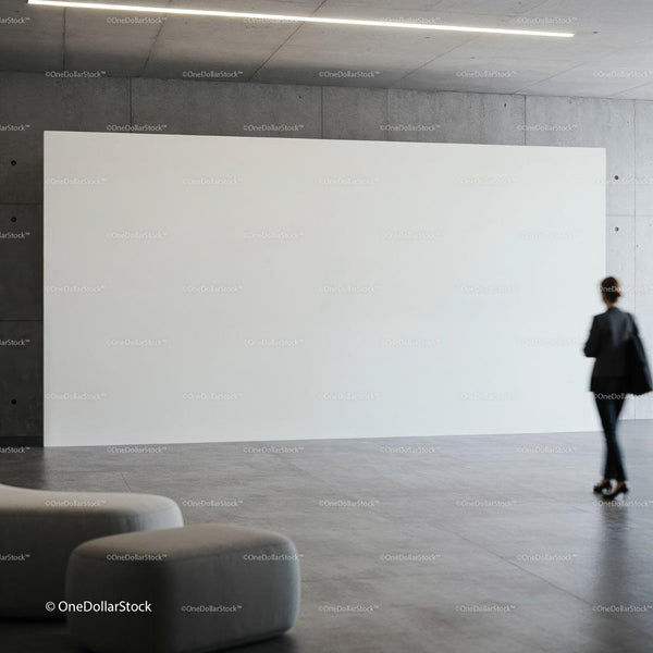 Minimalist gallery space with blank white canvas and visitor JPG Mockup Image