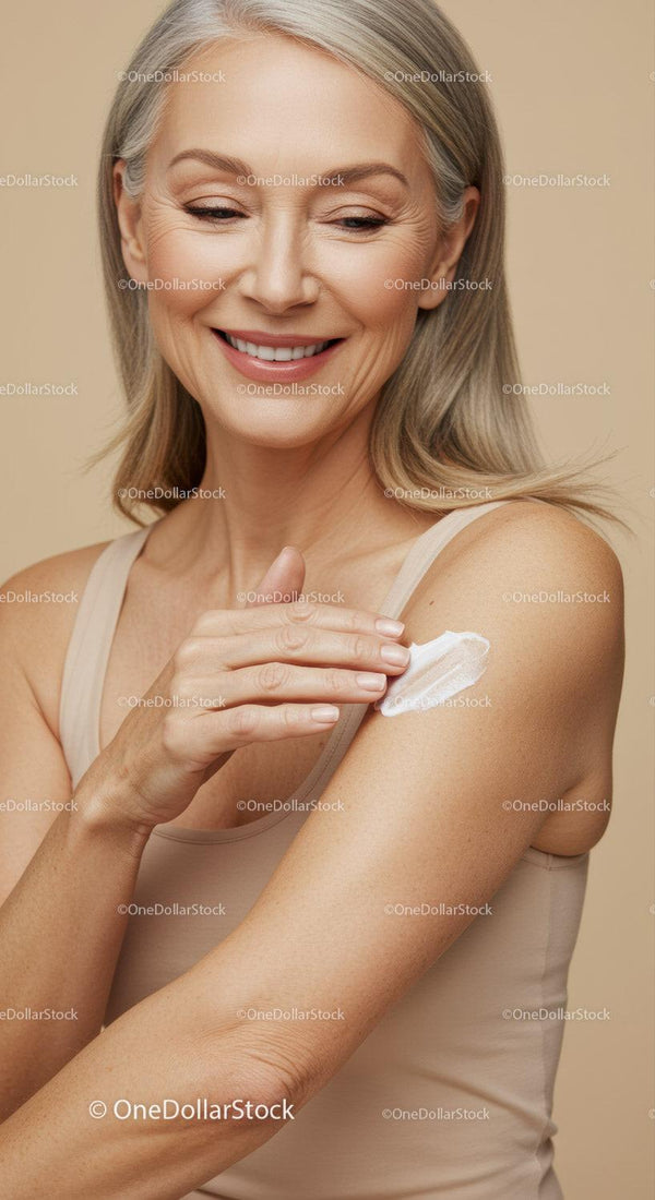 Portrait of Elegant Mature Woman Applying Lotion to Shoulder with Smile