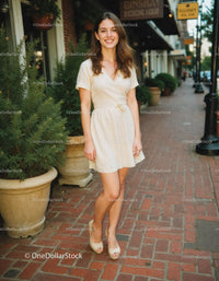 Young Woman in Beige Dress Walking on Urban City Street