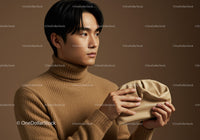 Elegant Woman in Beige Turtleneck Holding Cream Clutch Bag for Modern Fashion