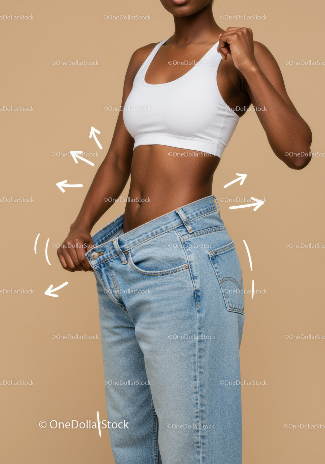 Stylish Woman Comparing Her True Waist to Oversized Jeans in Close-Up