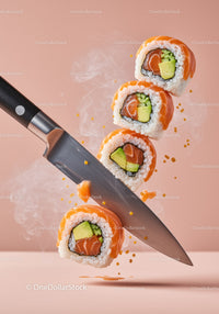 Fresh Salmon Sushi Rolls Sliced Midair by Sharp Knife