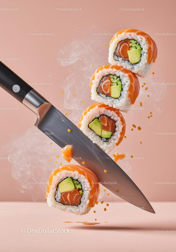 Fresh Salmon Sushi Rolls Sliced Midair by Sharp Knife