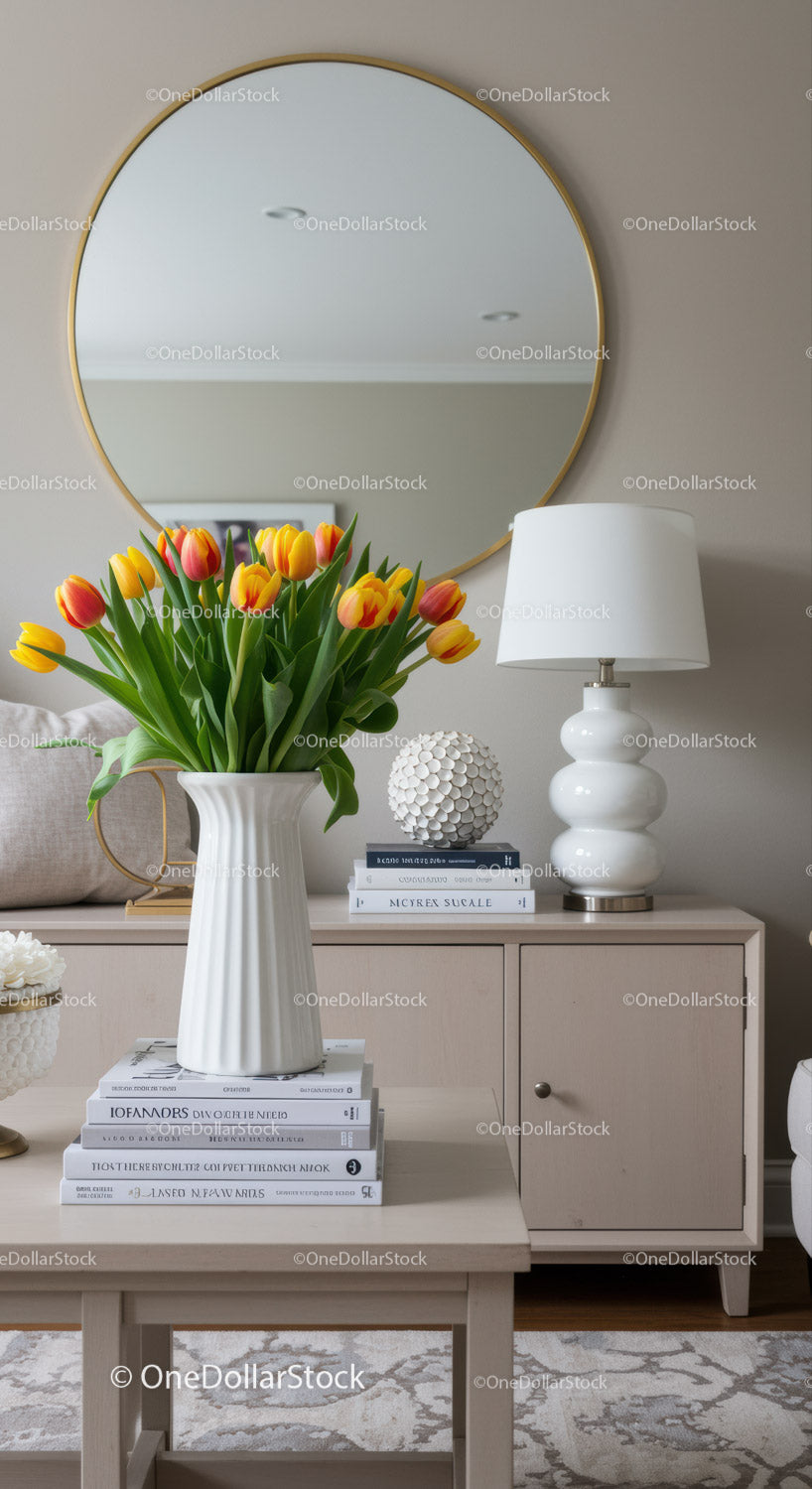 Elegancki salon z żółtymi tulipanami i nowoczesnym wystrojem