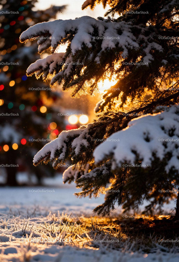 Snowy Pine Branches Glowing in Warm Sunset Light
