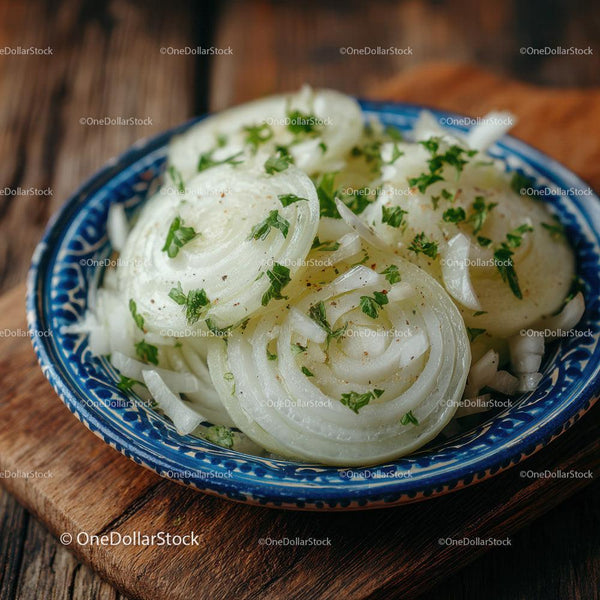 Fresh Sliced Onion and Parsley in Blue Bowl on Wooden Table
