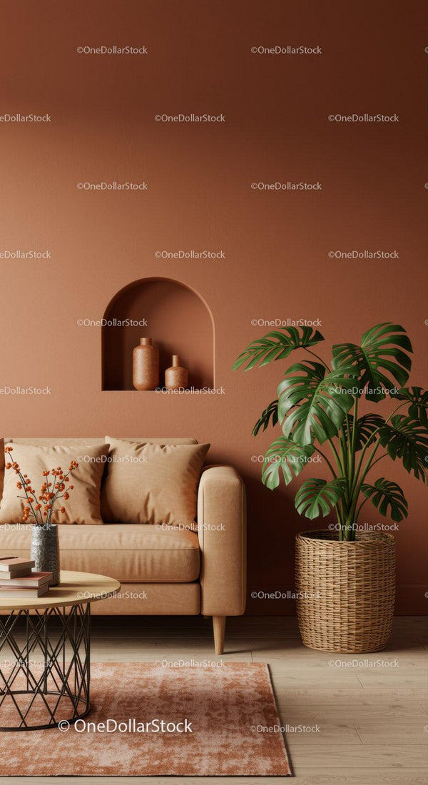 Elegancki nowoczesny salon z beżową sofą i zieloną rośliną monstera
